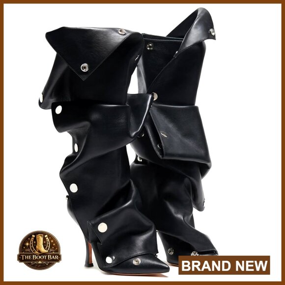 Shoes - Knee High Stiletto Boots Pointed Toe Wide Calf Ruched Slouchy Elegant Heels